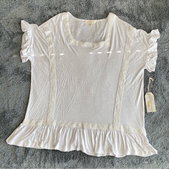 Farmer Market Women's Rayon/Spandex Short Sleeve Top, Ruffle Details, White, XL - Picture 4 of 7